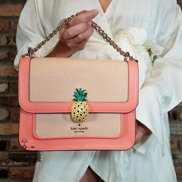 AUTHENTIC Coral Beige Kate Spade Remi Pineapple Flap Chain Crossbody CANVAS - Picture 5 of 8